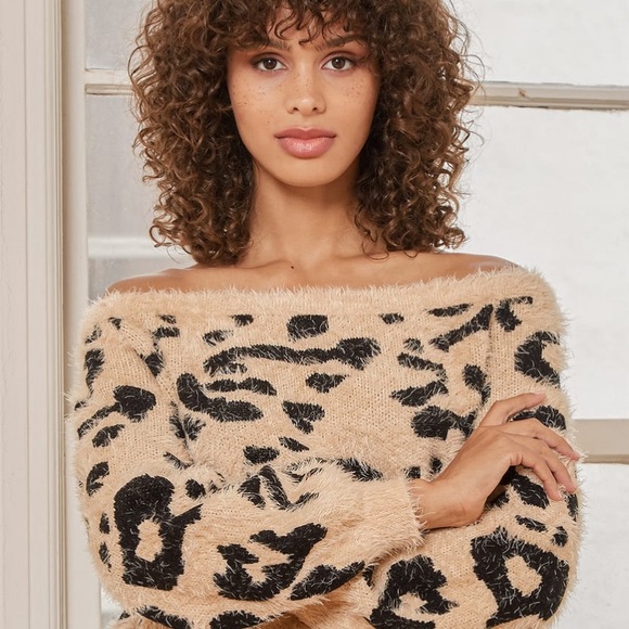 Lulus “Earn Your Spots” Fuzzy Leopard Cheetah Print Off-The-Shoulder sweater - Picture 9 of 11